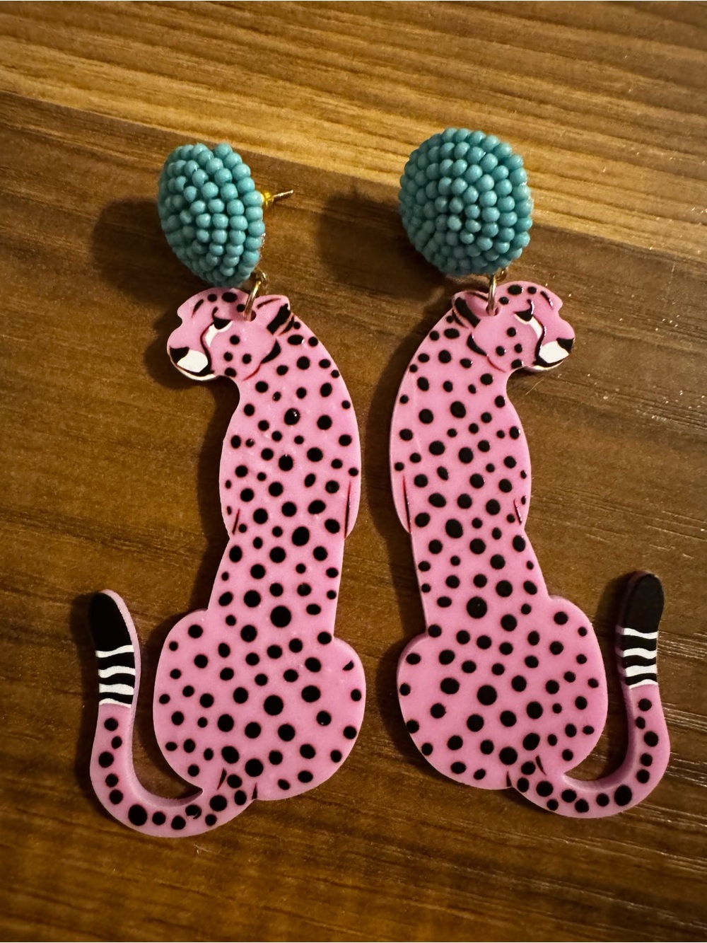 Pink Leopard Dangle Earrings with Turquoise Bead Studs
